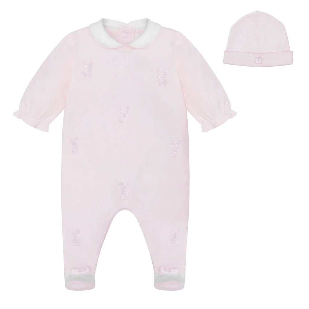 Emile et Rose Kallie Pink Bunny Babygrow & Hat Set flatlay front view