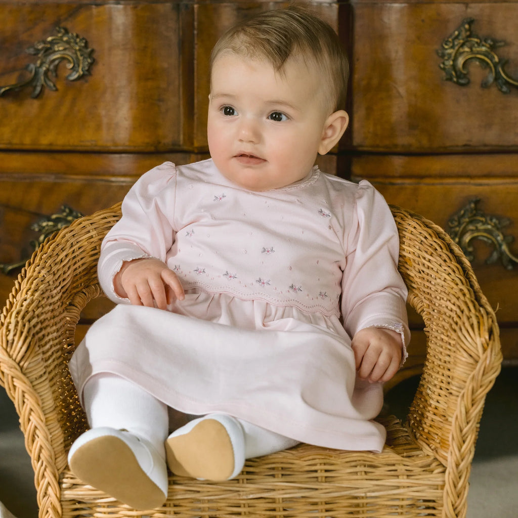 Emile et Rose Kamelia pink baby girls jersey occasion dress with floral embroidery worn by baby