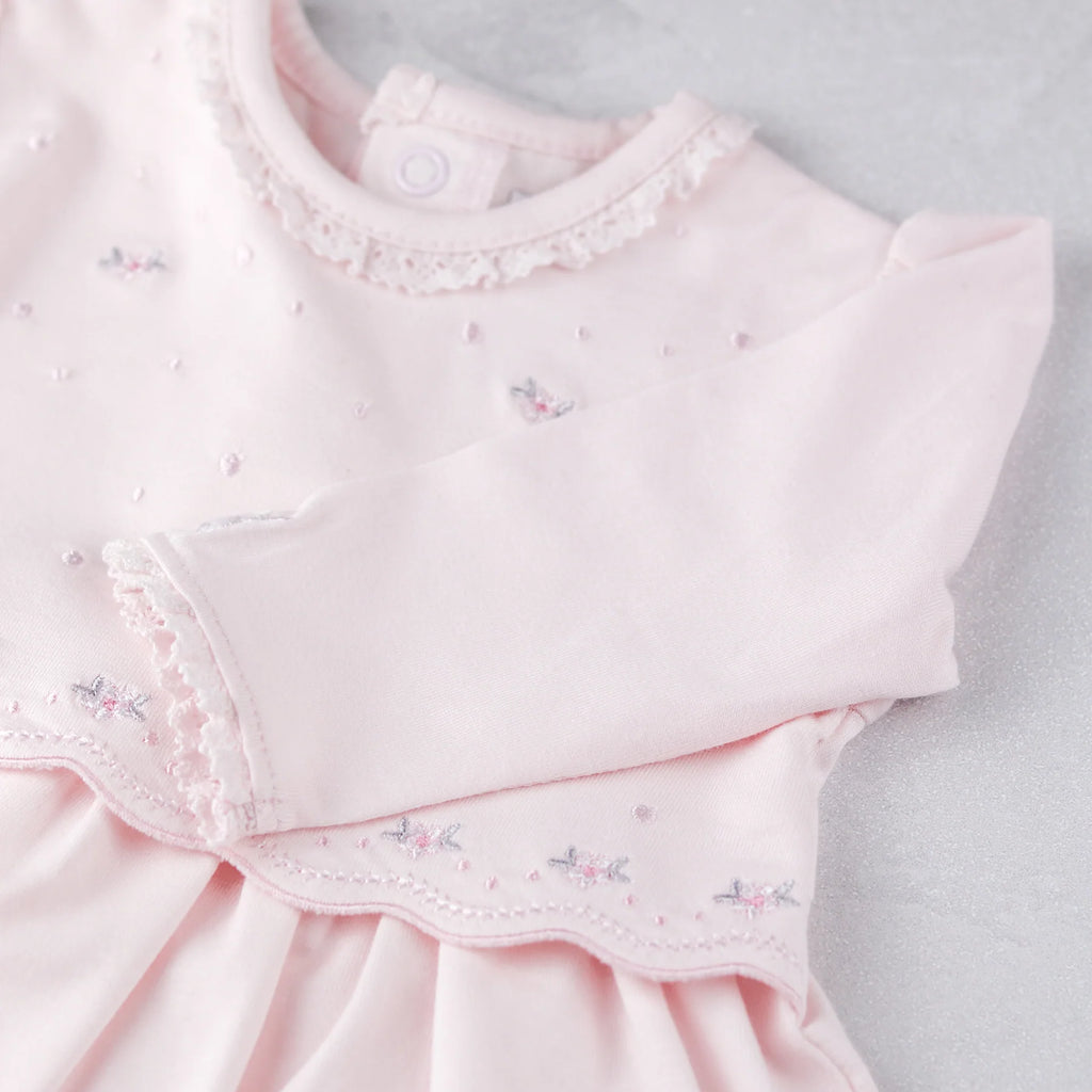 Emile et Rose Kamelia pink baby girls dress floral embroidery detail