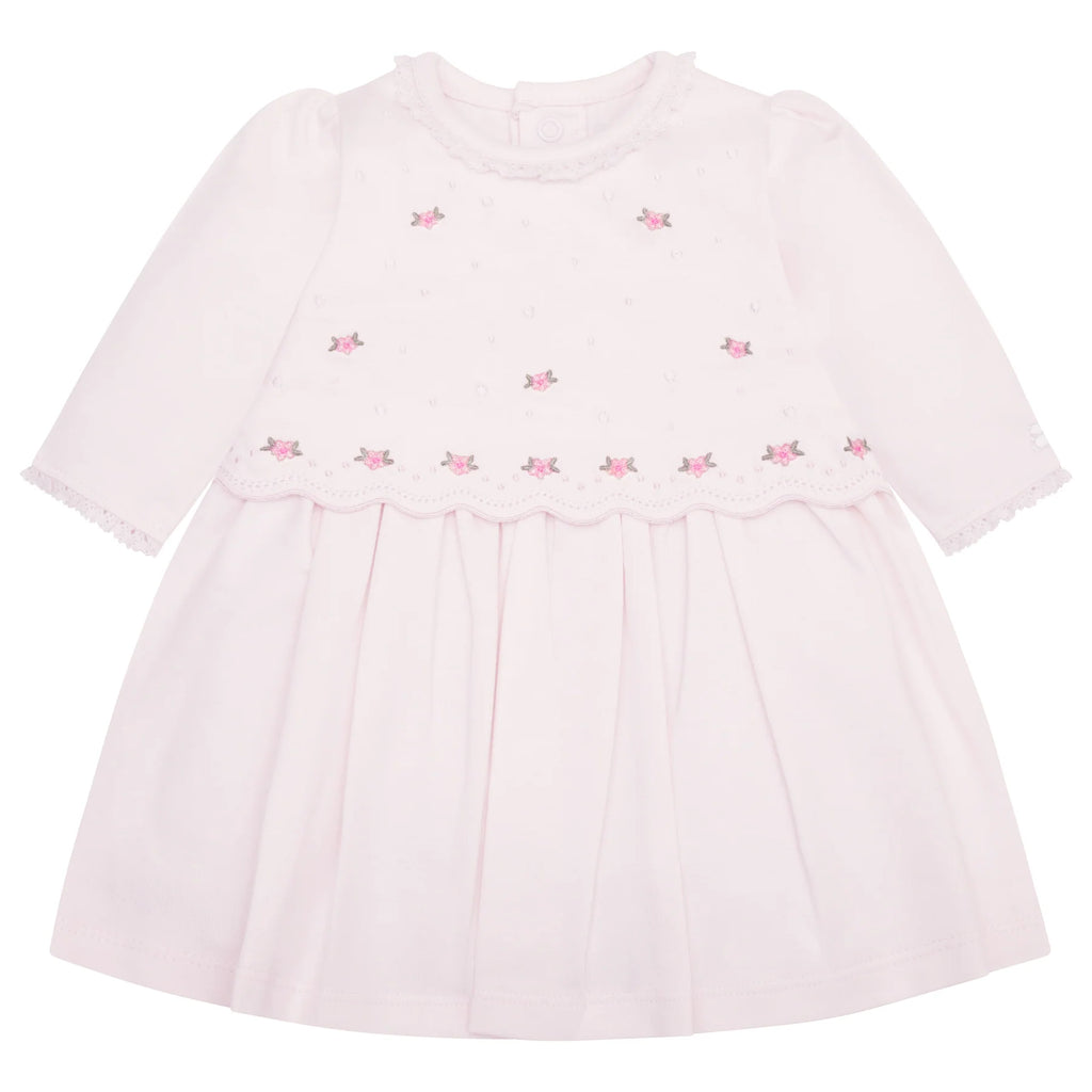Emile et Rose Kamelia pink baby girls occasion dress with scallop yoke and lace trim