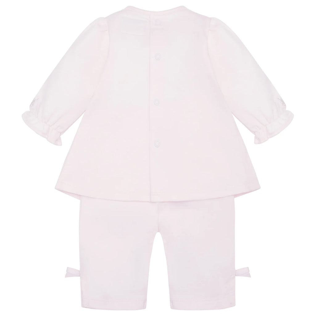 Back view of Emile et Rose Kate baby girls pink outfit, top and trousers set.