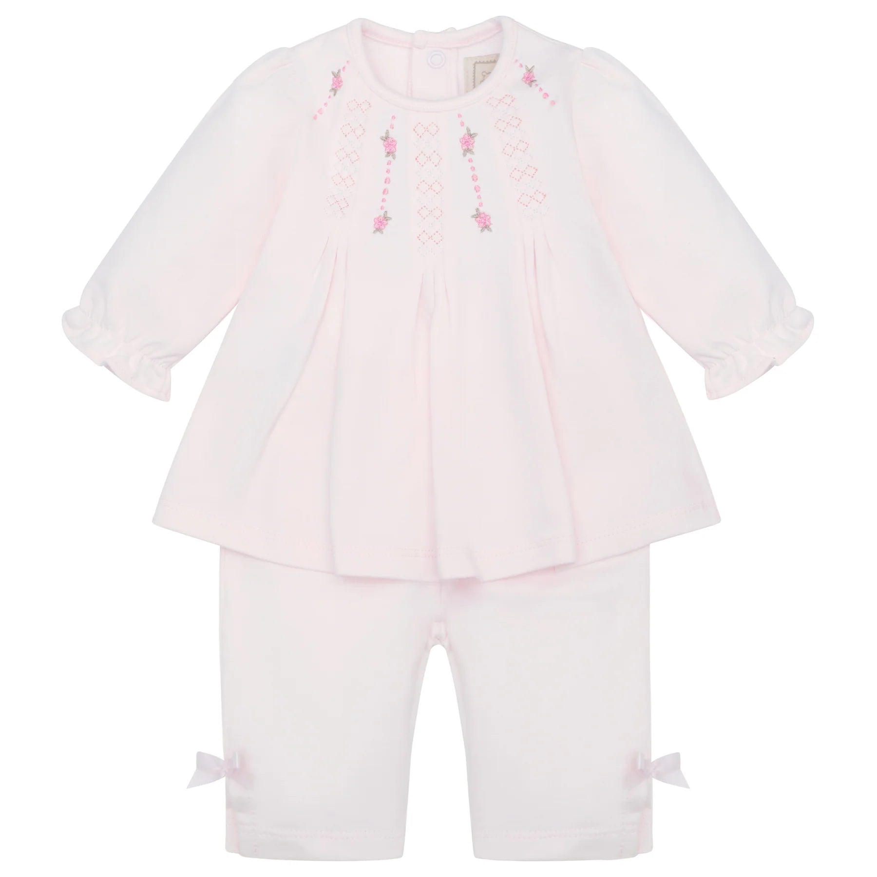 Emile et Rose Kate baby girls outfit flatlay – pink long sleeve top and trousers set.
