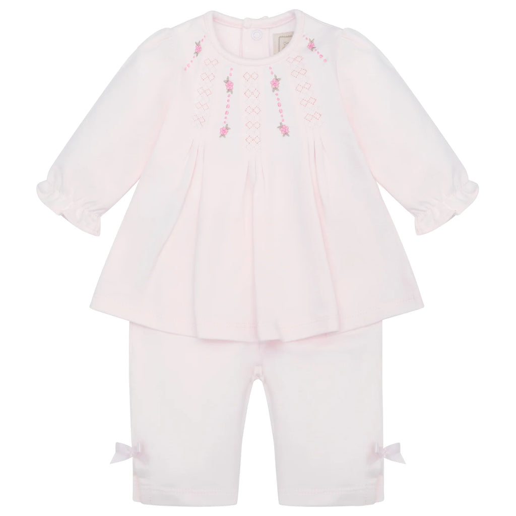 Emile et Rose Kate baby girls outfit flatlay – pink long sleeve top and trousers set.