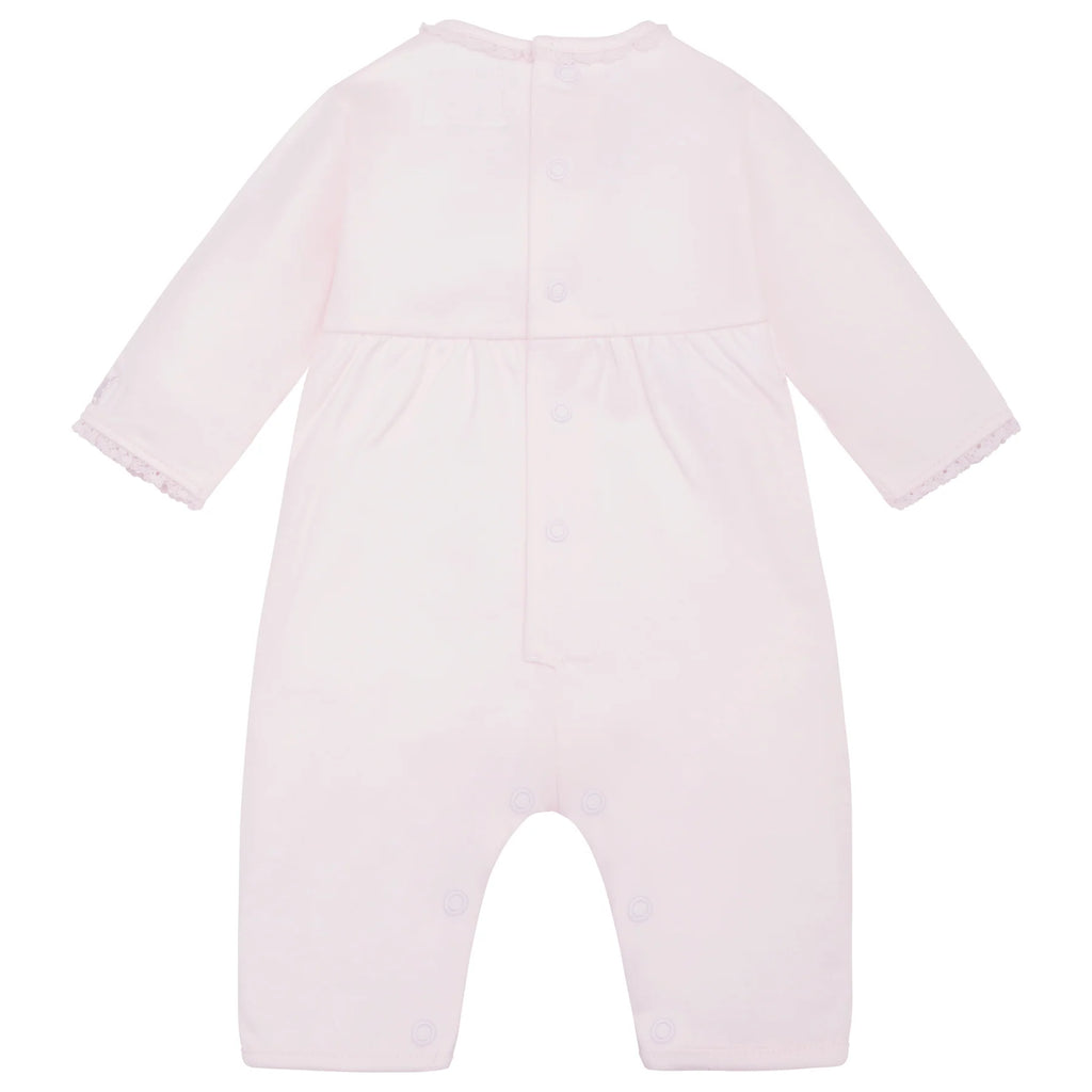 Back view of Emile et Rose Katerina girls pink embroidered babygrow.
