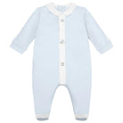 Full product shot of Emile et Rose Kent boys blue babygrow with hat, front view.
