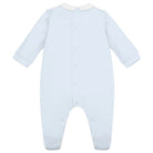Flatlay back view of Emile et Rose Kent blue embroidered babygrow.