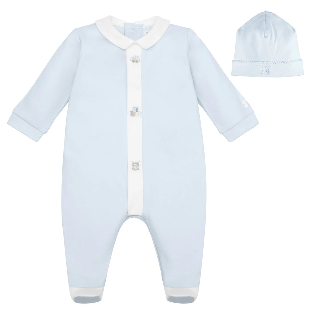 Flatlay of Emile et Rose Kent blue toy embroidery babygrow outfit gift set with hat.