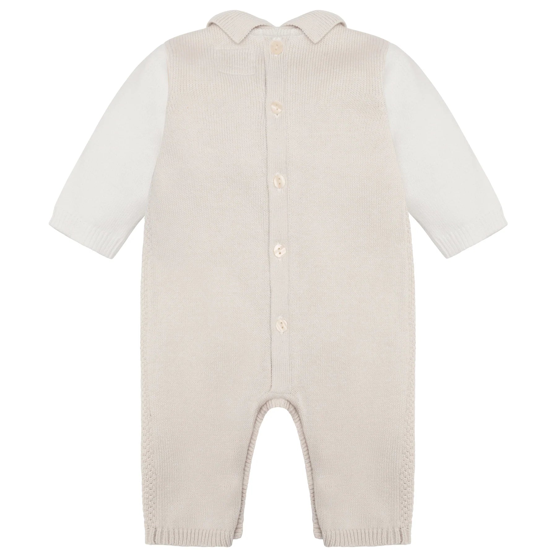 Flatlay of Emile et Rose Kenzie smart knitted babygrow with textured stone knit