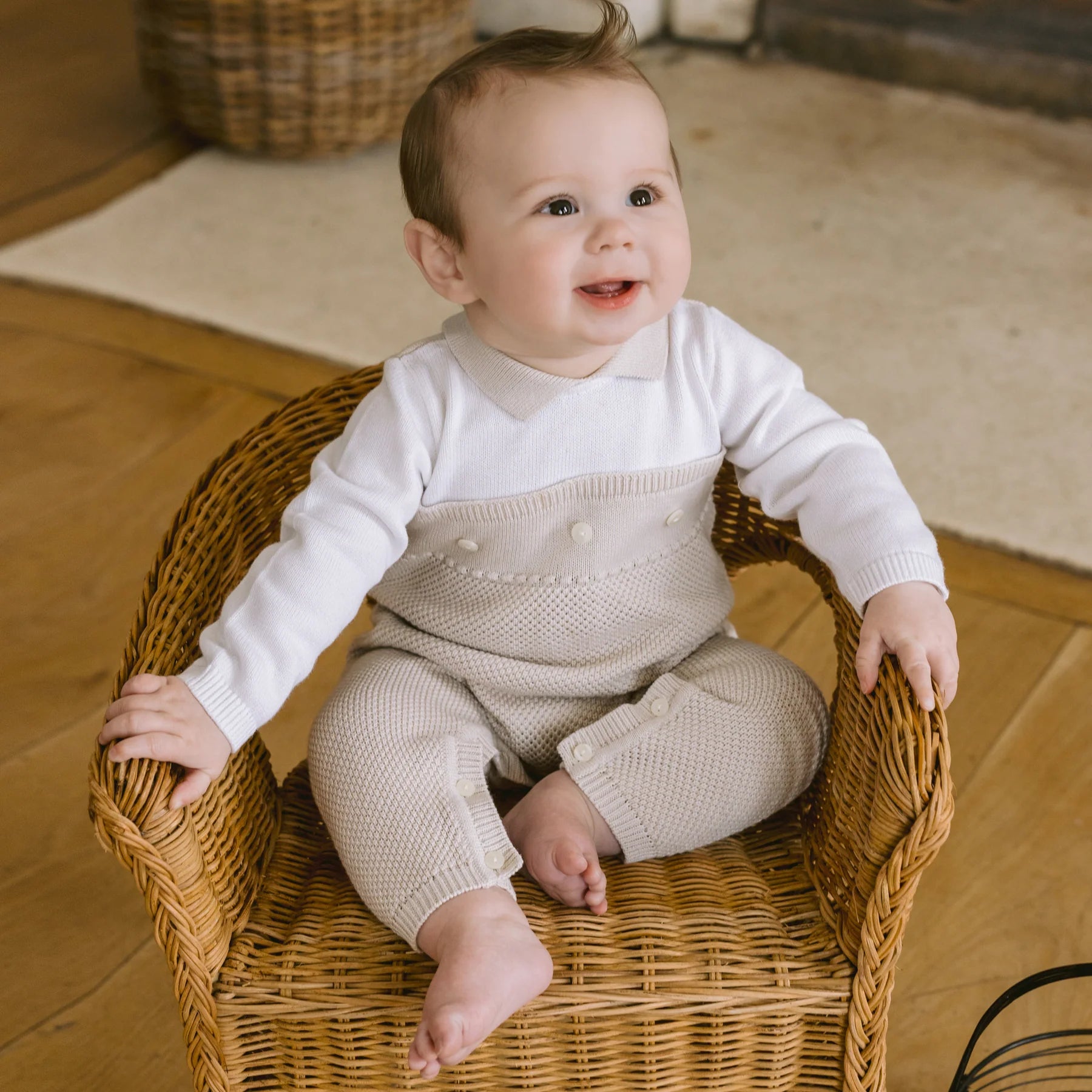 Emile et Rose Kenzie unisex knitted babygrow styled for autumn wear