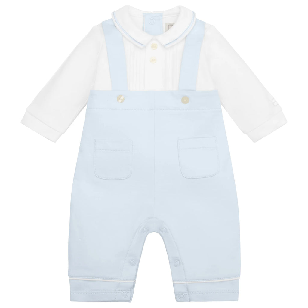 Front flatlay of Emile et Rose Kingsley dungaree-style babygrow, footless.