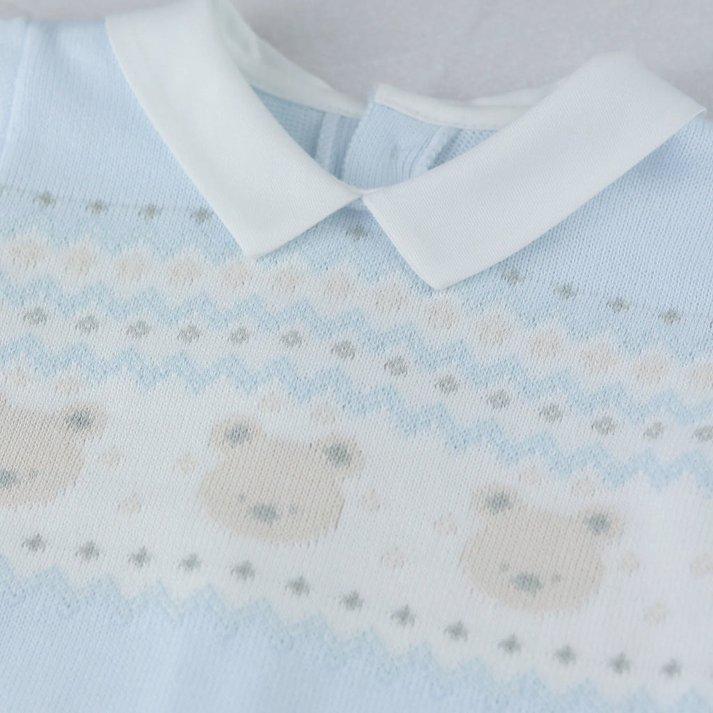 Close-up of Emile et Rose Kipling blue teddy knit chest and collar detail.