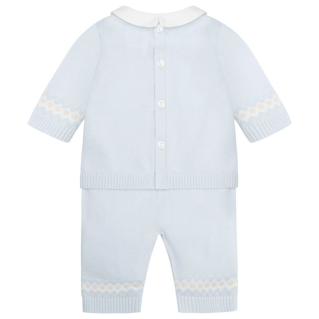 Back view of full Emile et Rose Kipling baby boys blue teddy knit outfit set.
