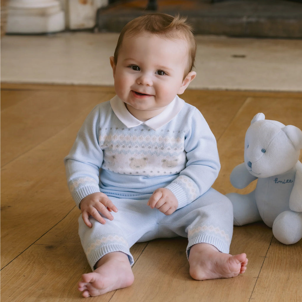 Front view of Emile et Rose Kipling blue knitted top for baby boys.