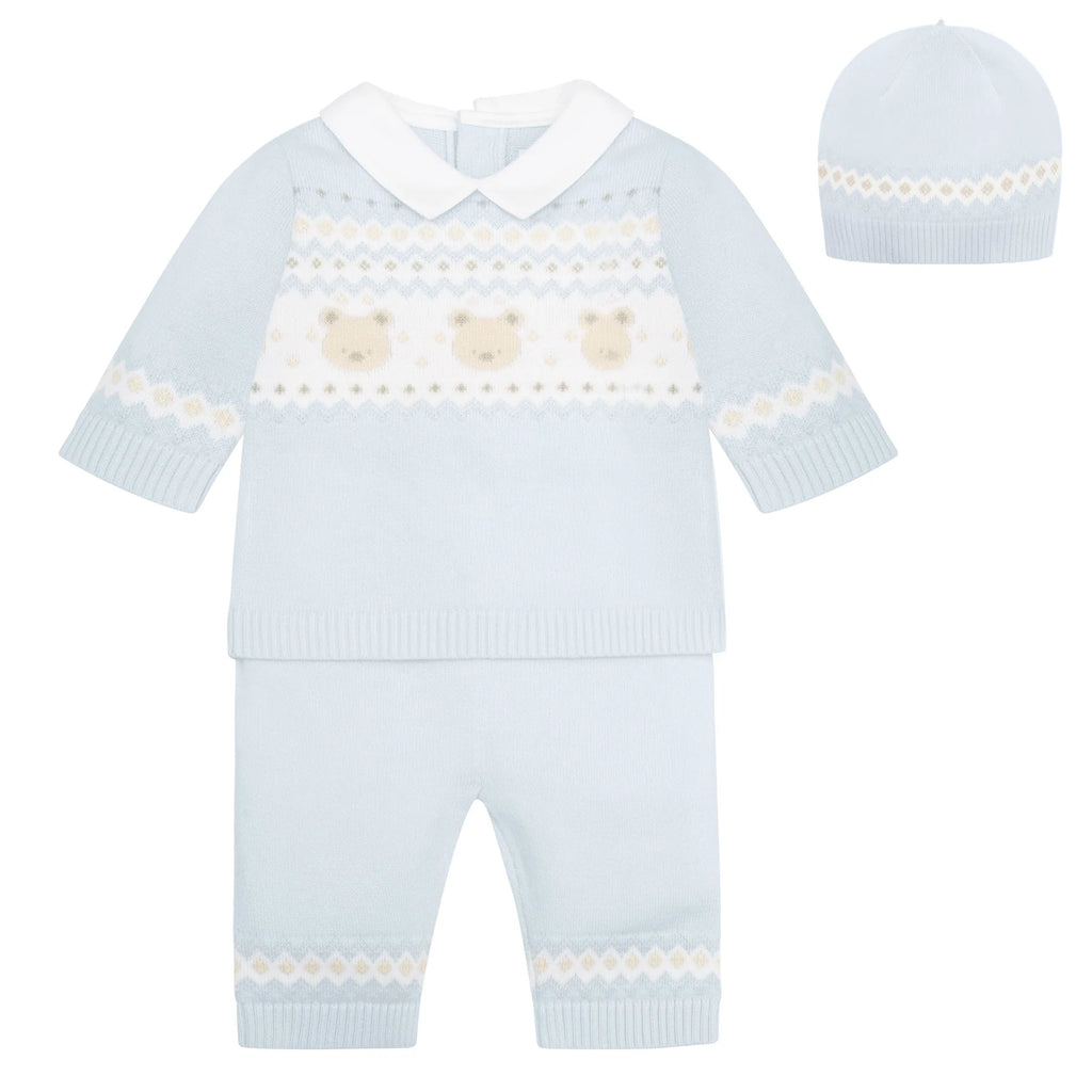 Flatlay of Emile et Rose Kipling baby boys blue teddy knit outfit with hat.