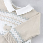 Close-up of Emile et Rose Kipling knitted teddy outfit fairisle sleeve detail.