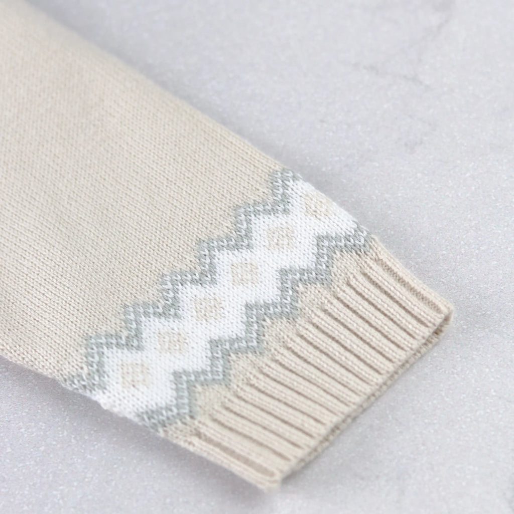 Close-up of Emile et Rose Kipling teddy head and fairisle sleeve  design.