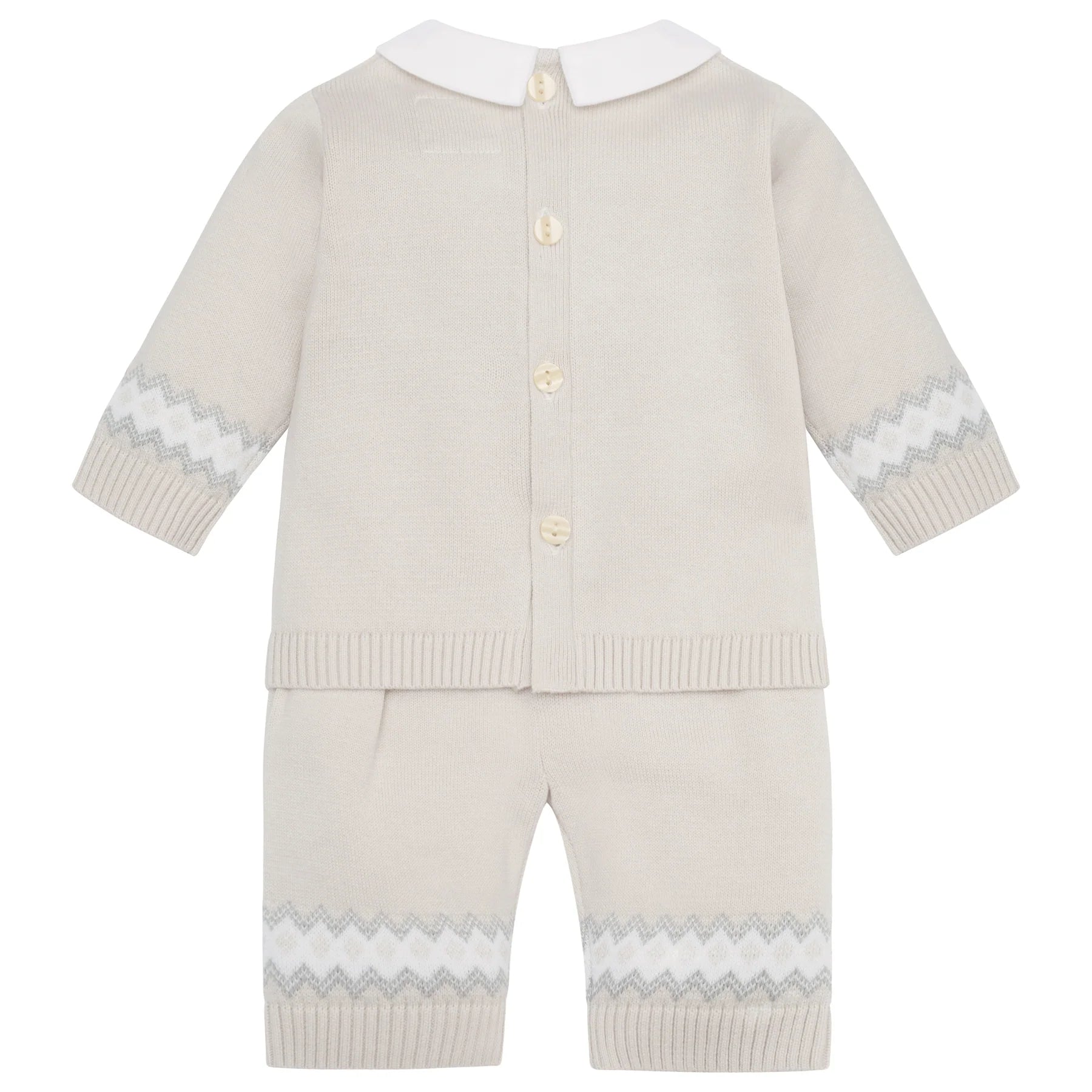 Back view of Emile et Rose Kipling knitted baby top and trousers set.
