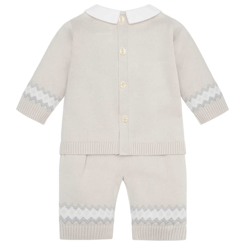 Back view of Emile et Rose Kipling knitted baby top and trousers set.
