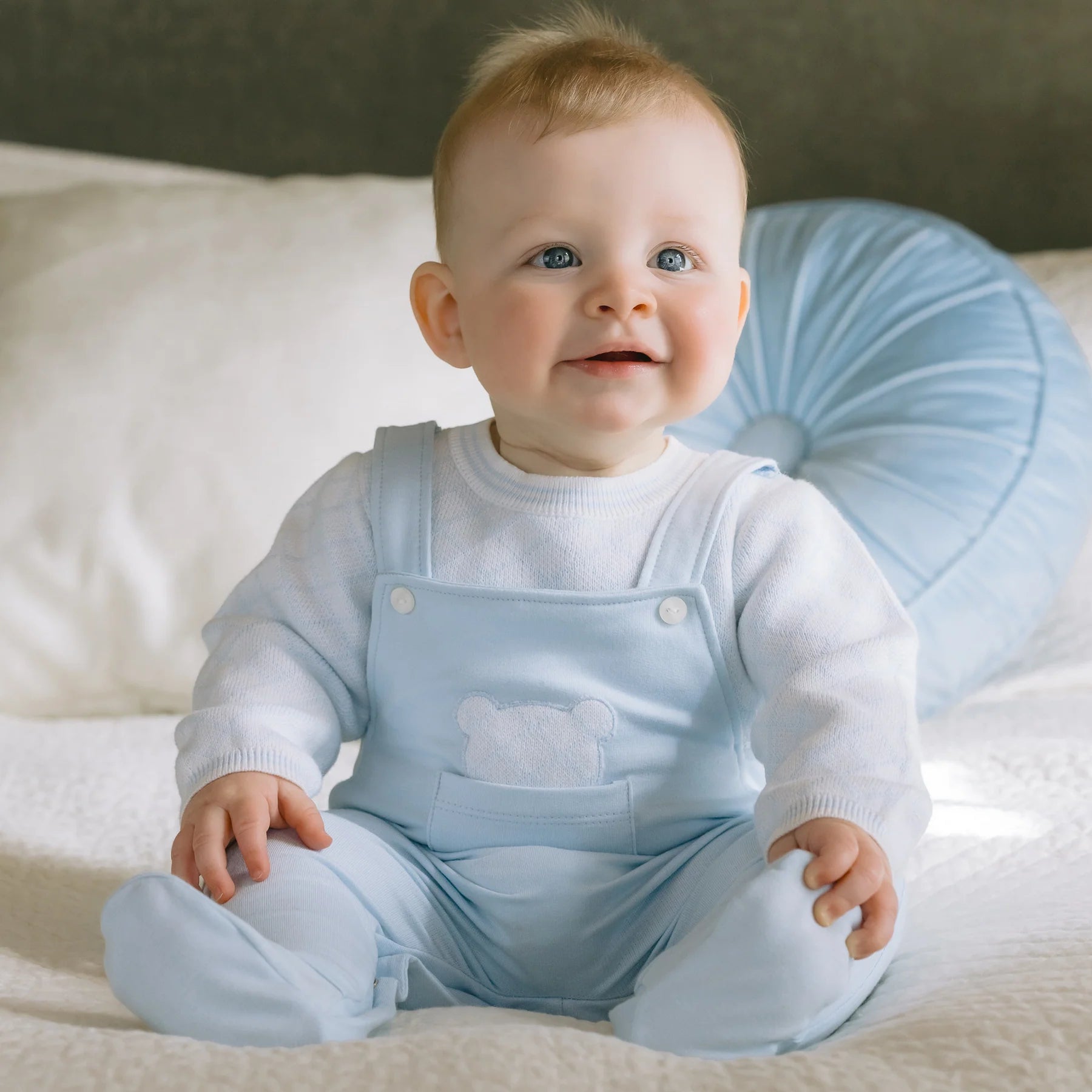 Emile et Rose Kit Baby Boys Blue Teddy Dungaree Babygrow front view