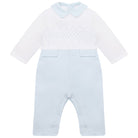 Emile et Rose baby boys blue and white babygrow front flat lay