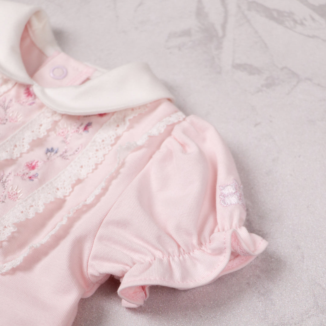 Emile et Rose baby girls smart outfit with pink sleeve and collar detail