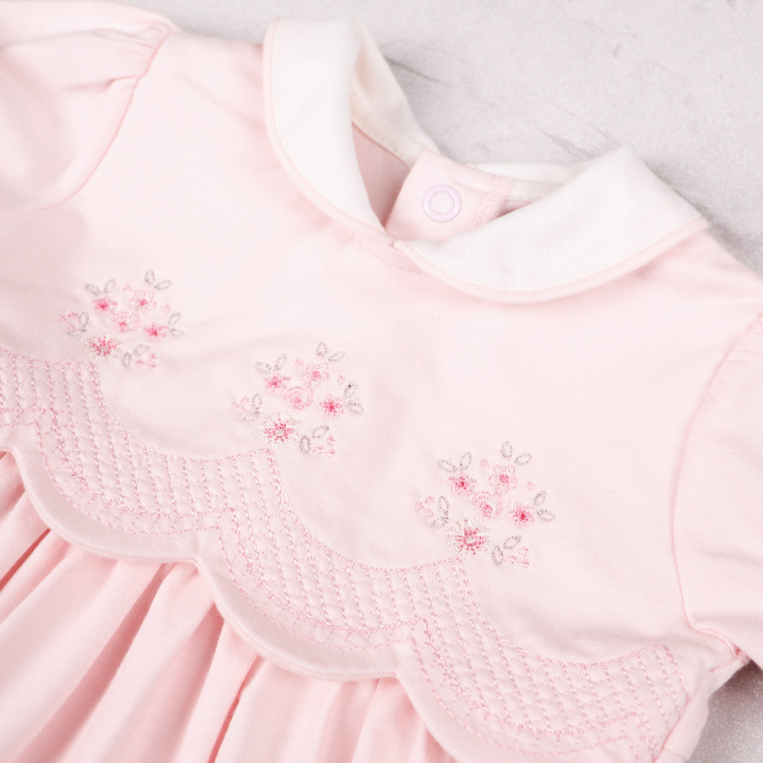 Emile et Rose pink baby dress scalloped yoke embroidery detail