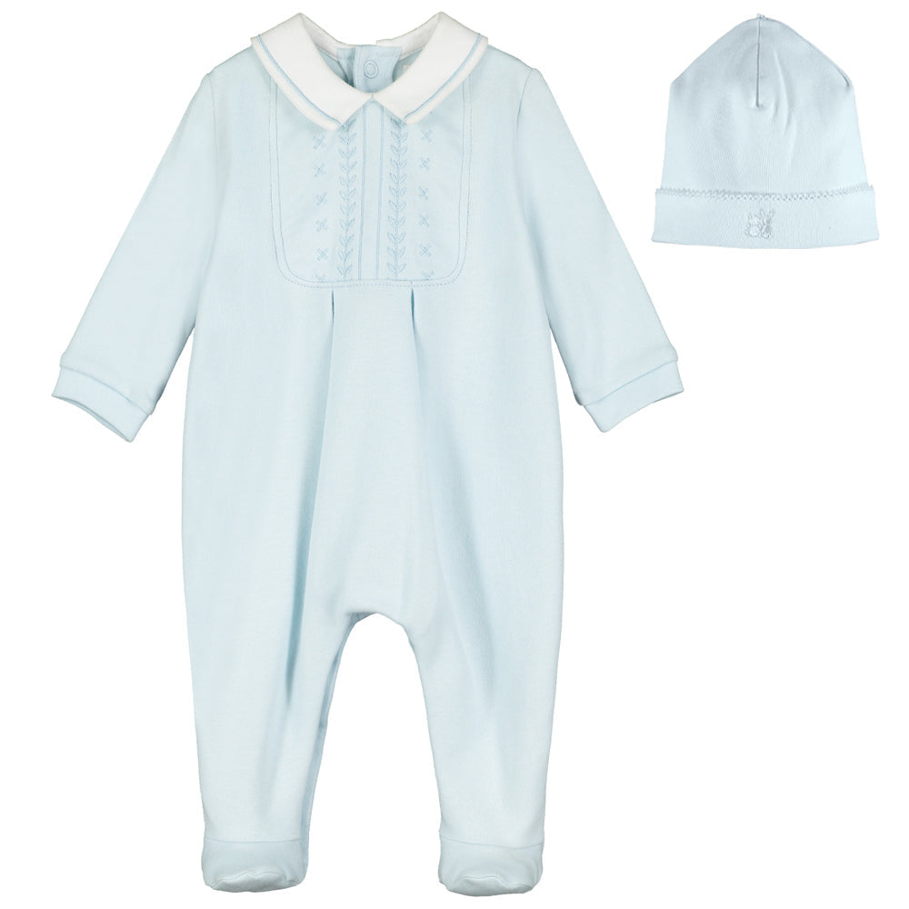 Emile et Rose baby boys blue smart babygrow and hat set flat lay