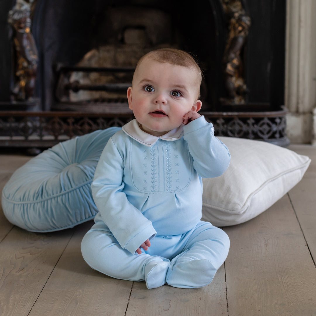 Emile et Rose baby boys cute blue babygrow sitting lifestyle