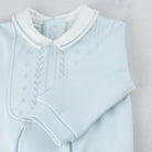 Emile et Rose baby boys smart blue babygrow close up long sleeve  detail