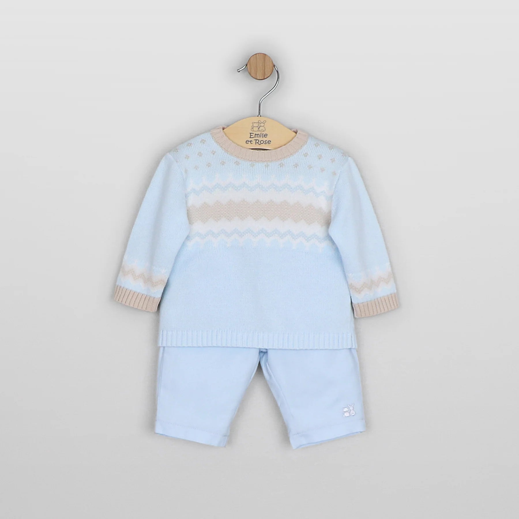 Front view of Emile et Rose Martin pale blue baby boys trouser set