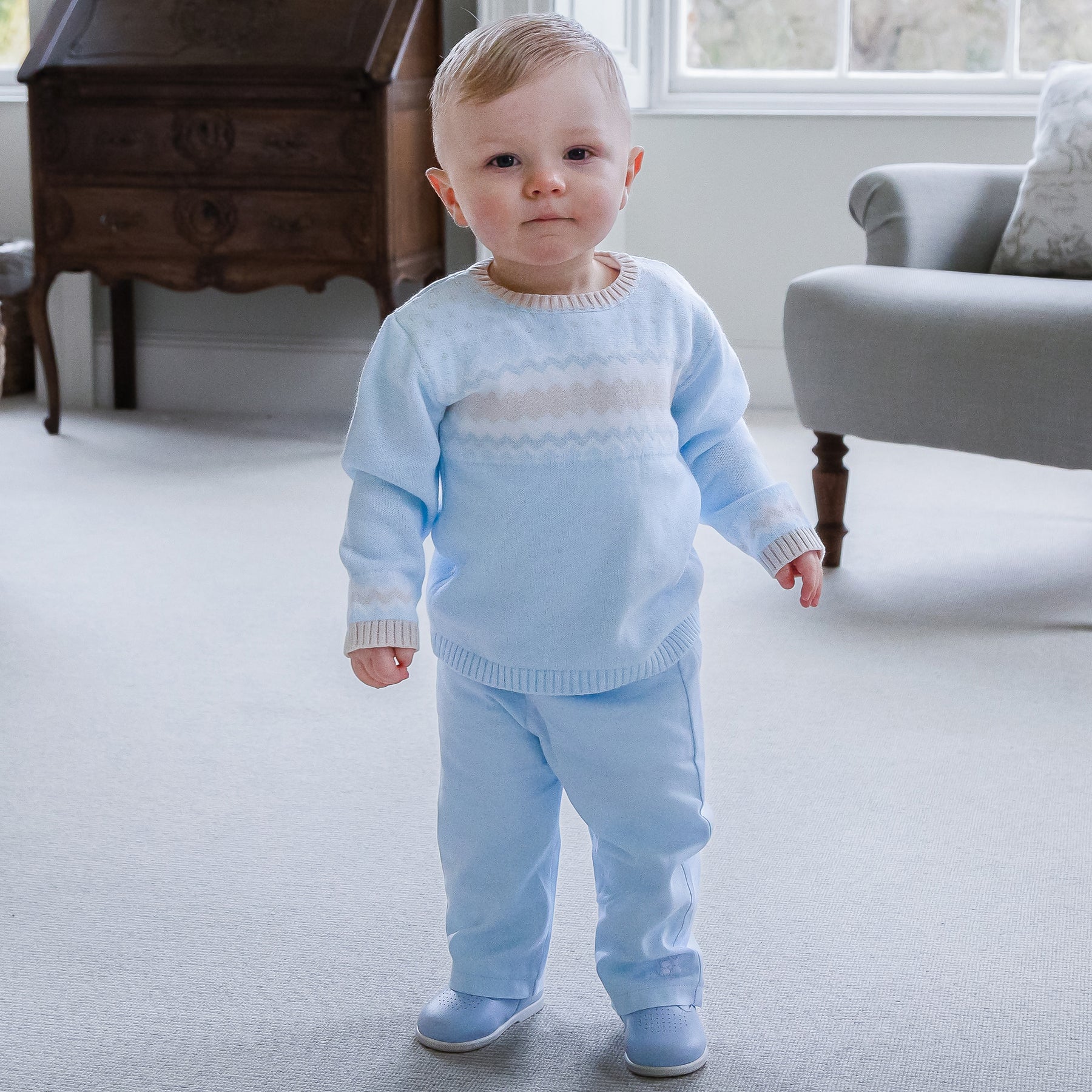 Baby boy wearing Emile et Rose Martin knitted outfit gift set