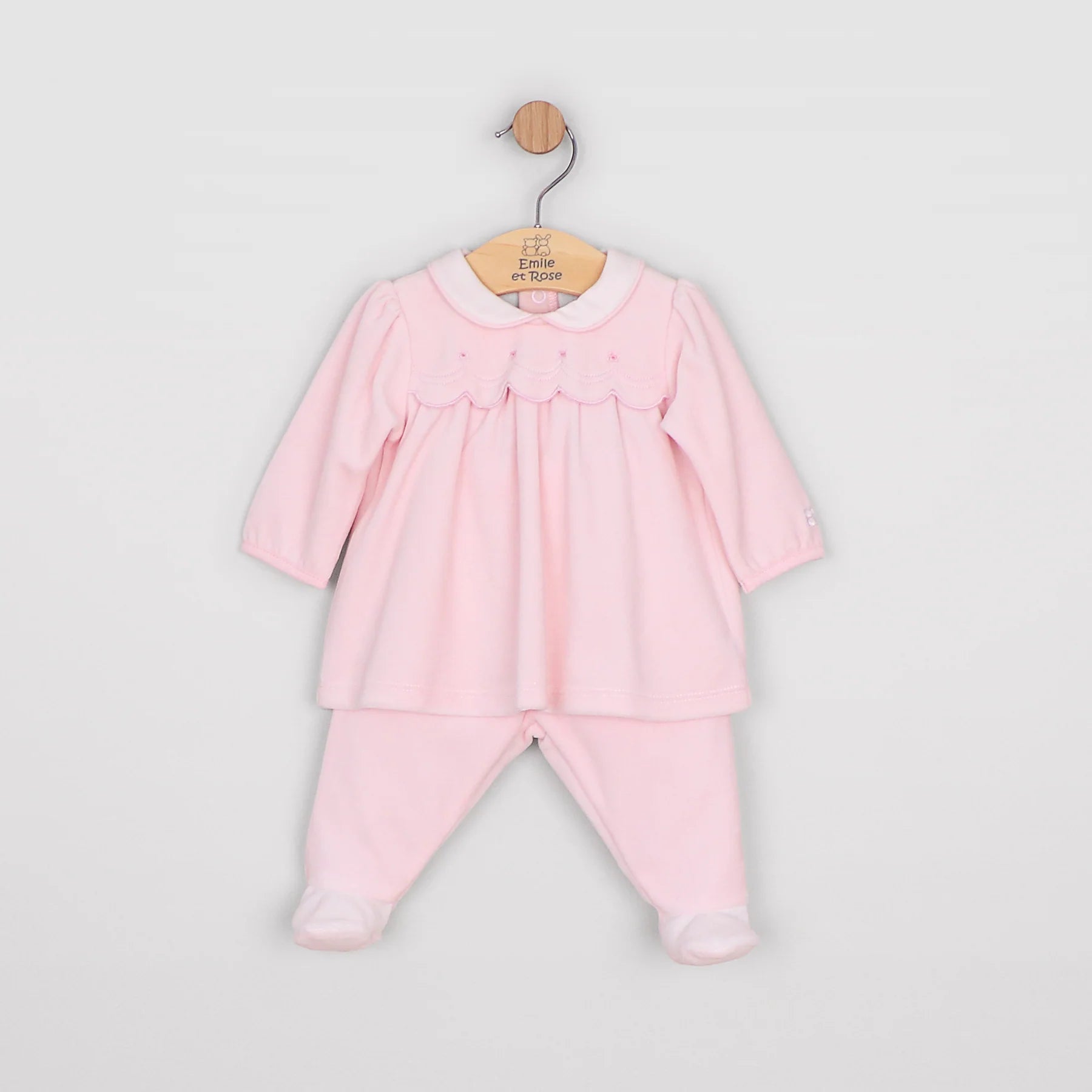 Back view of the Emile et Rose Michelle pale pink baby girls velour outfit