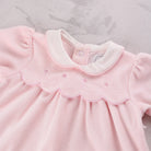 Close-up of the embroidered scalloped yoke on the Emile et Rose Michelle baby girls velour top from gift set