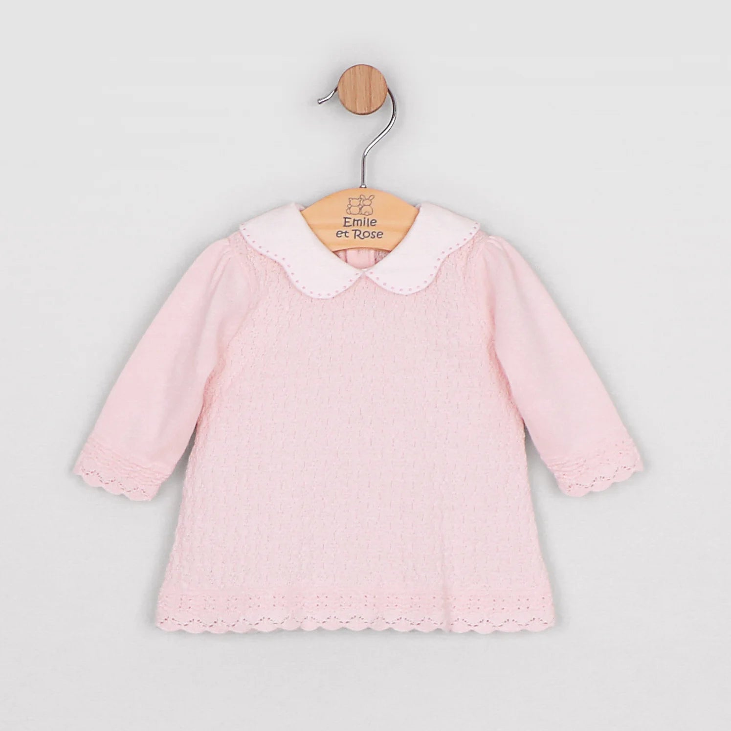  Front view of the Emile et Rose Minny pale pink baby girls knit outfit