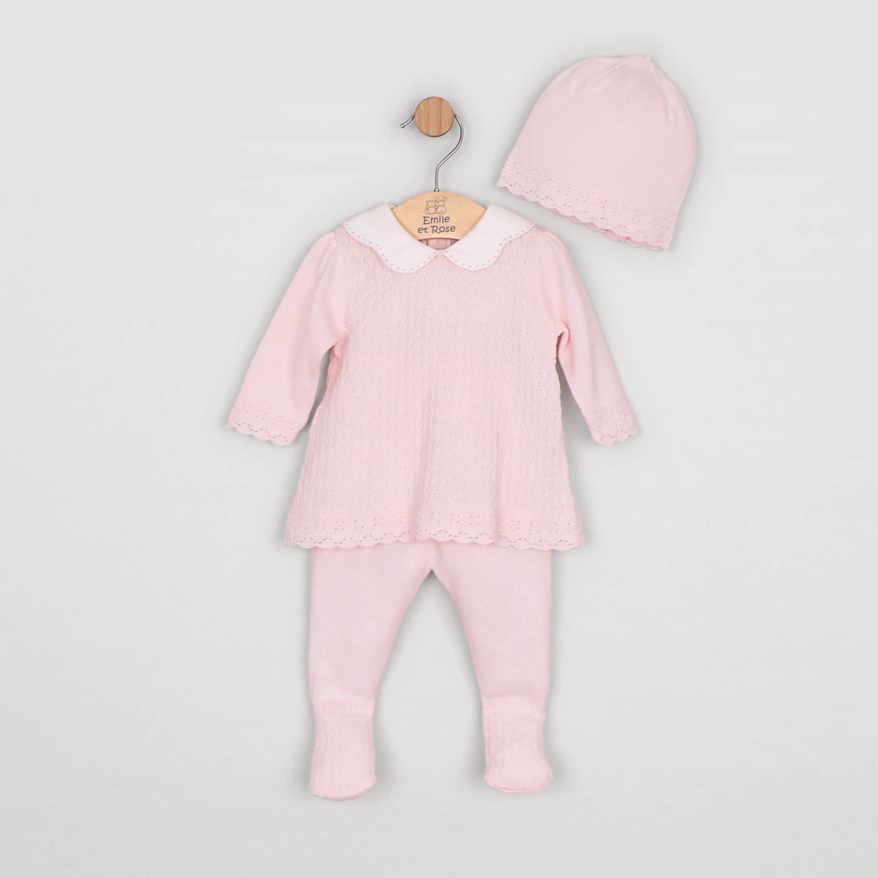 Emile et Rose Minny pale pink baby girls knit outfit gift set with matching hat