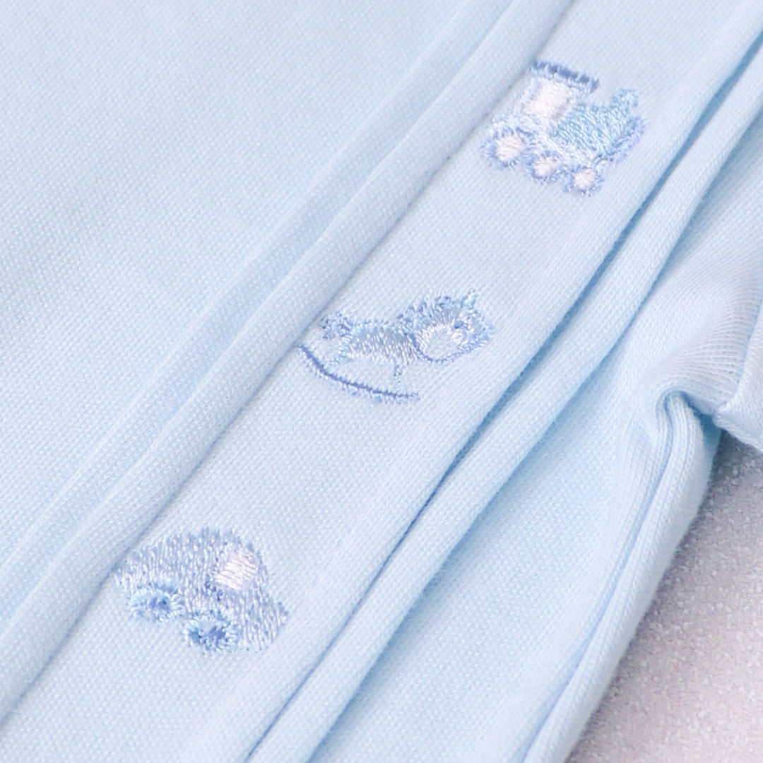 Emile et Rose baby boys blue babygrow with cute toy embroidery close up