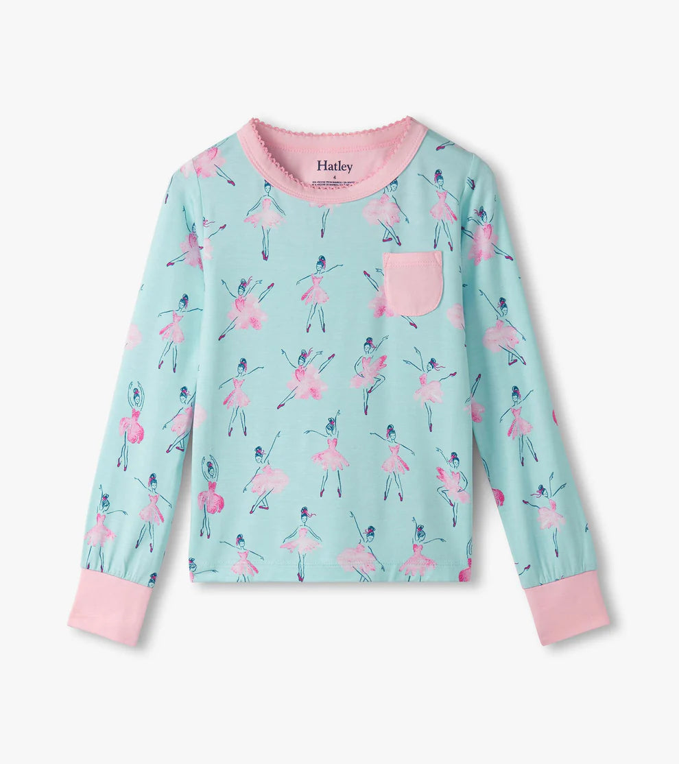 Hatley Pyjama Set for girls with ballerina print in aqua and pink