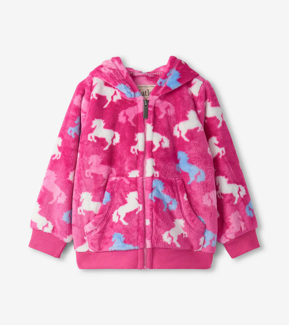 Hatley Girls Beautiful Horses Fleece Zip-Up Hoodie in pink front view