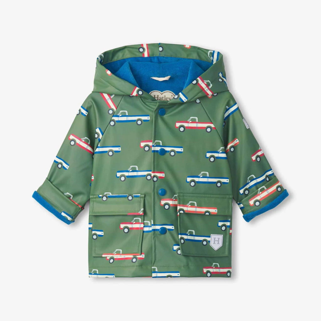Hatley boys waterproof truck print raincoat with hood and pockets