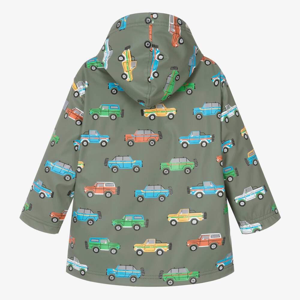 Hatley Boys Green Cars Waterproof Raincoat With Hood 