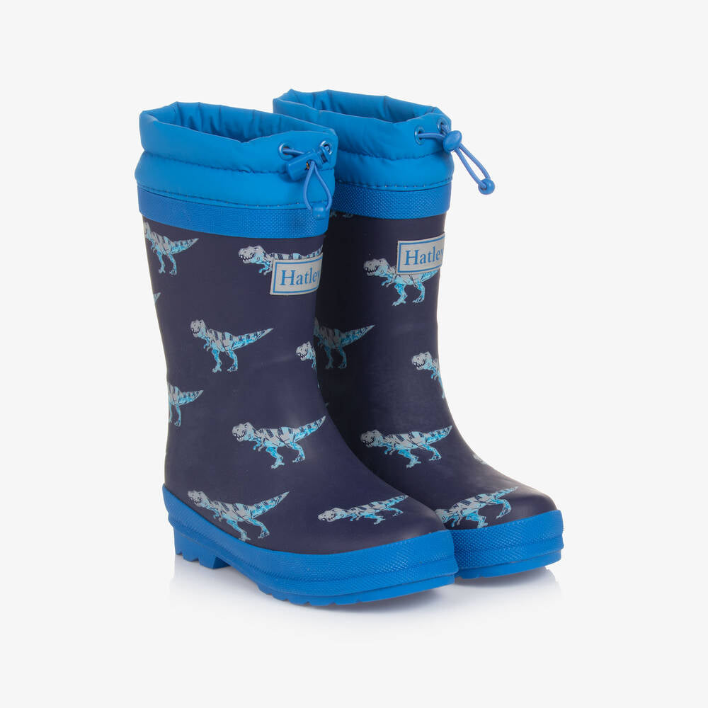 Hatley Boys Navy T-Rex Attack Sherpa Lined Rain Boots