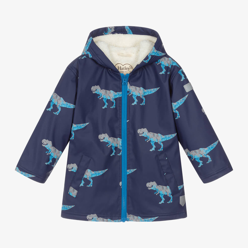 Hatley Boys Navy T-Rex Attack Sherpa Lined Raincoat