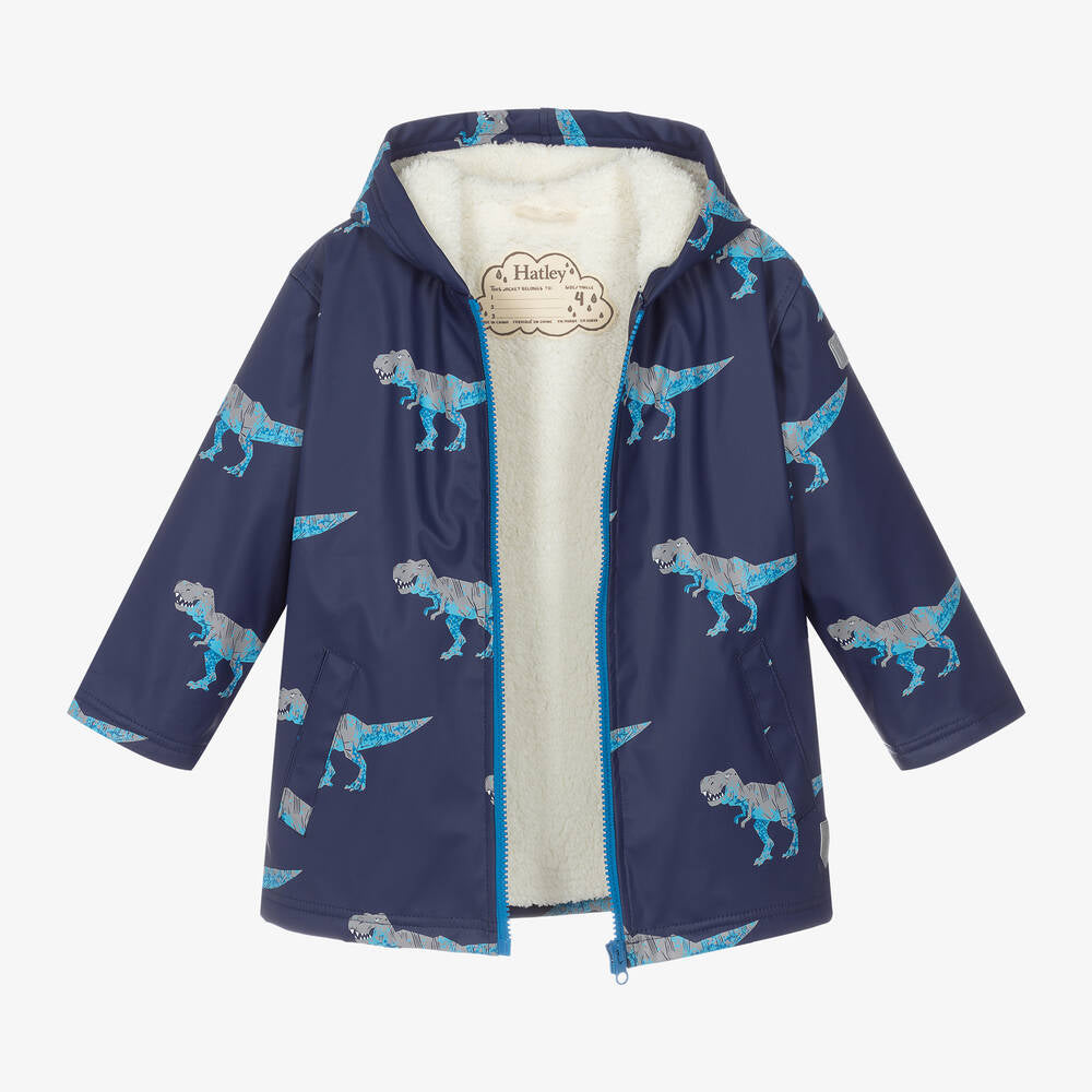 Hatley Navy T-Rex Attack Sherpa Lined Raincoat For Boys