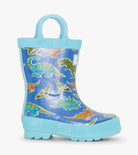 Side view of Hatley Boys Dino Roar Rain Boots with striped back easy to pull on detail