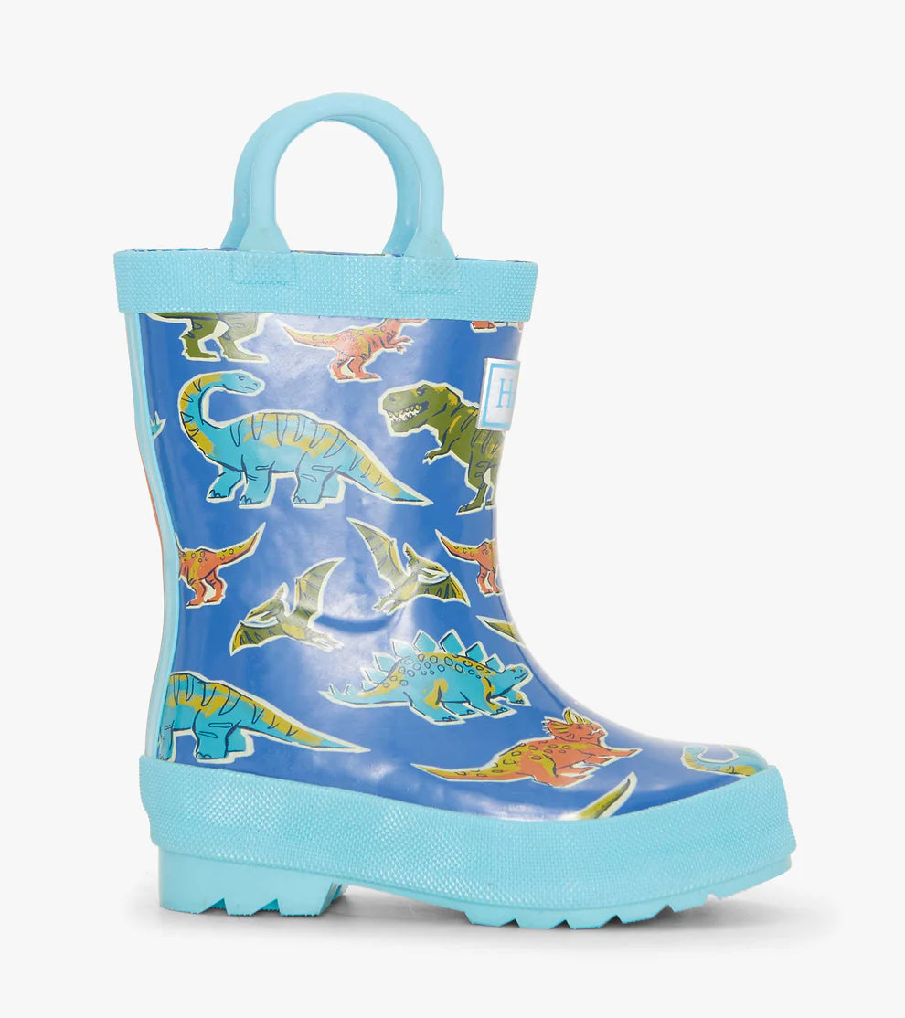 Side view of Hatley Boys Dino Roar Rain Boots with striped back easy to pull on detail