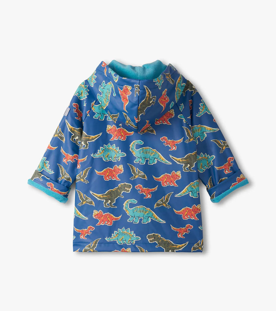 Hatley Boys waterproof dinosaur raincoat with fleece lining back view