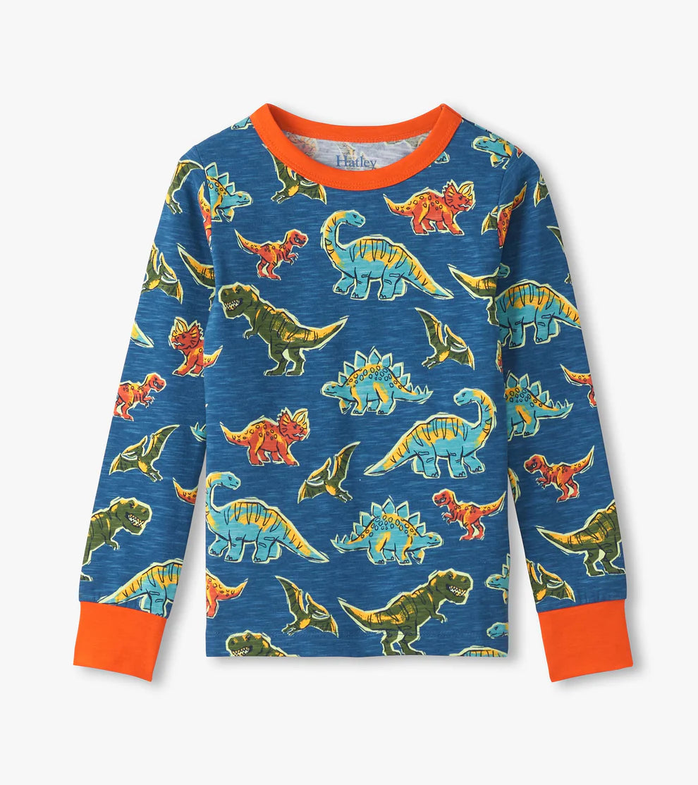 	Hatley Dino Roar Kids Pyjamas with dinosaur print on heathered blue fabric