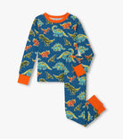 Hatley Boys Dino Roar Cotton Pyjama Set top and trousers in blue with orange trim