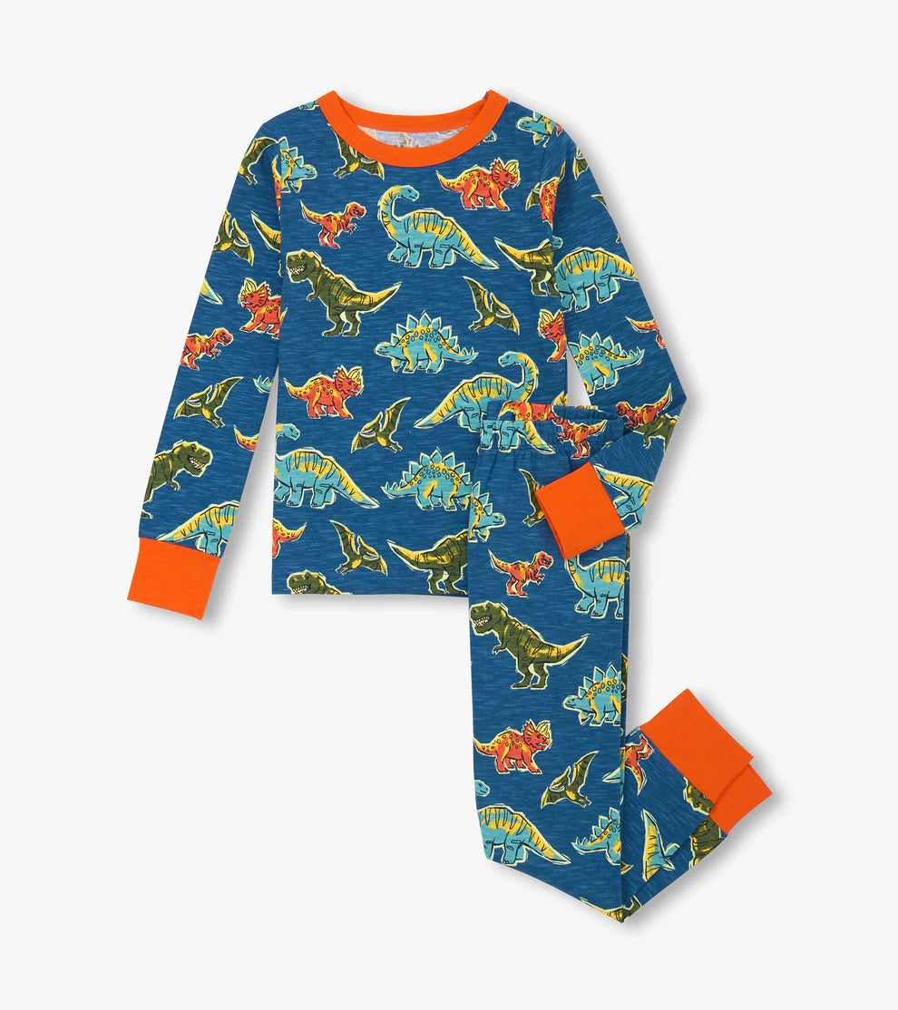 Hatley Boys Dino Roar Cotton Pyjama Set top and trousers in blue with orange trim