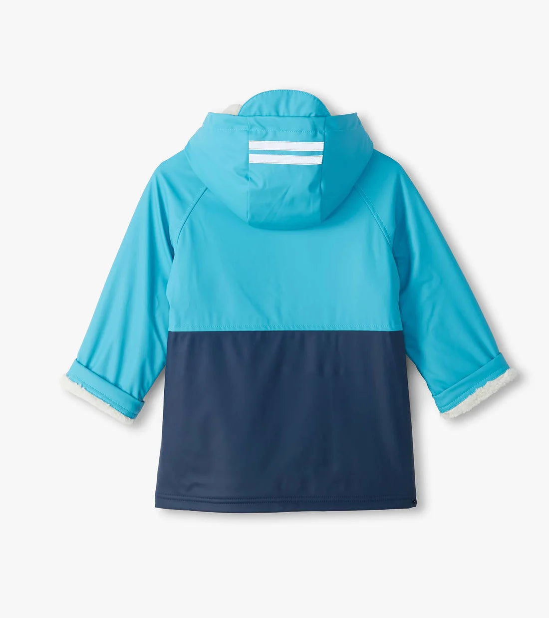     Hatley boys blue colour block waterproof raincoat with hood back view